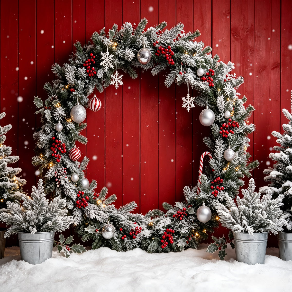 Weihnachts-Fotokabinen-Hintergrund Wand Mit Frostigem Rotem Kranz Weihnachts-Hintergrundfotografie CSH69-69