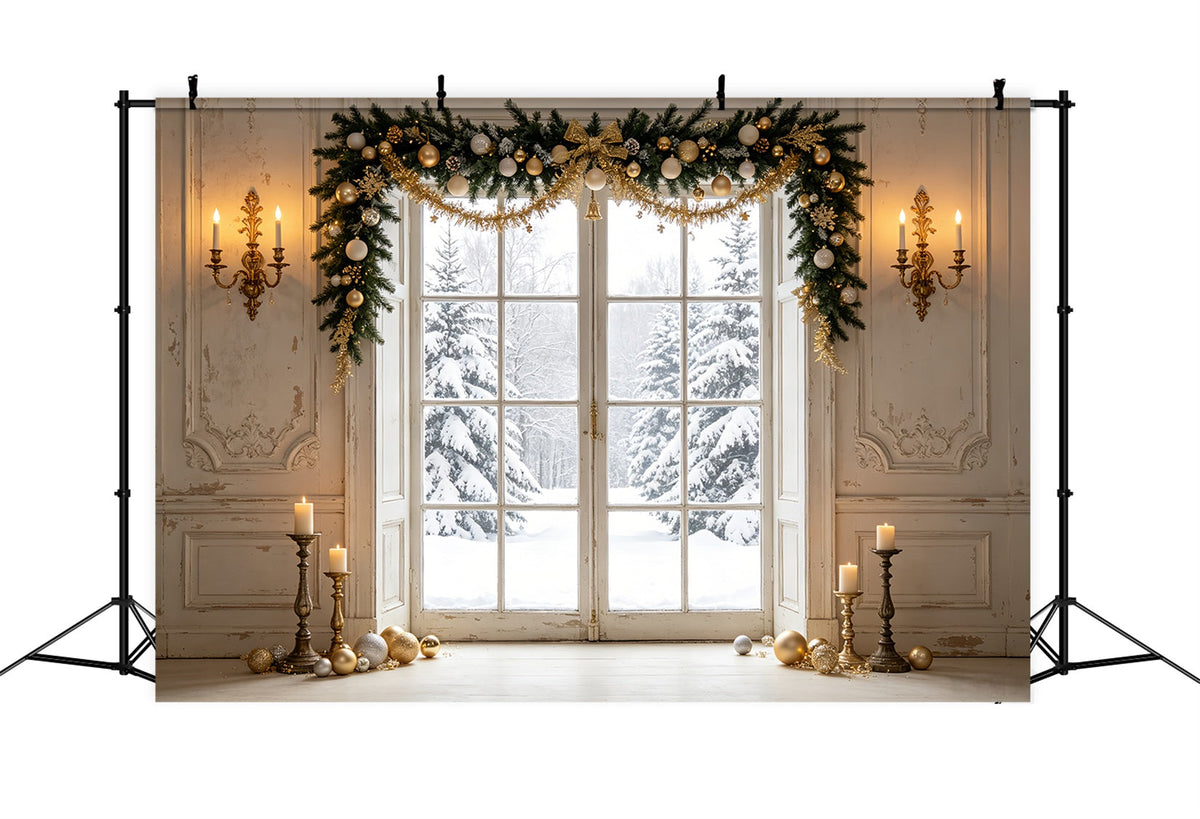 Weihnachtsfenster-Hintergrund Winter Kiefer Türansicht Weihnachts-Porträt-Hintergrund CSH69-80