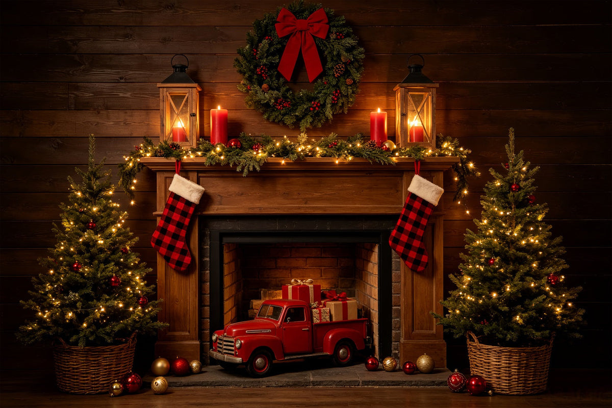 Weihnachtskamin-Hintergrund Rustikale Kaminwagen-Ausstellung Western-Weihnachtskulisse CSH69-81