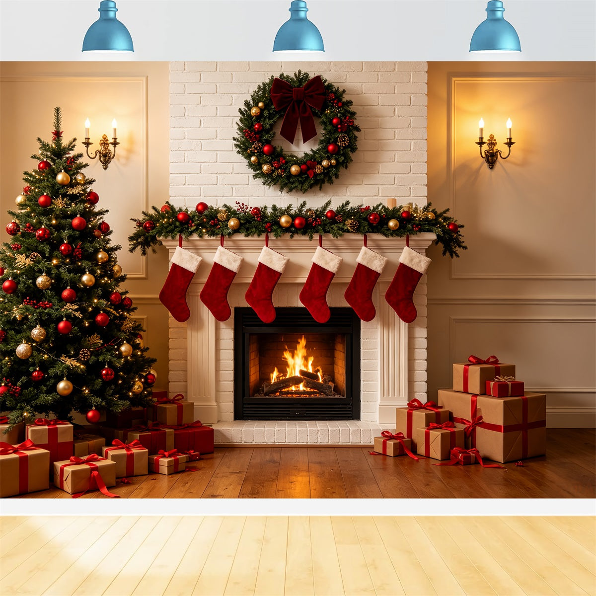 Weihnachtskamin-Hintergrund Klassischer Weißer Kaminsims Weihnachts-Fotohintergründe CSH69-82
