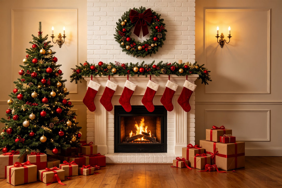 Weihnachtskamin-Hintergrund Klassischer Weißer Kaminsims Weihnachts-Fotohintergründe CSH69-82