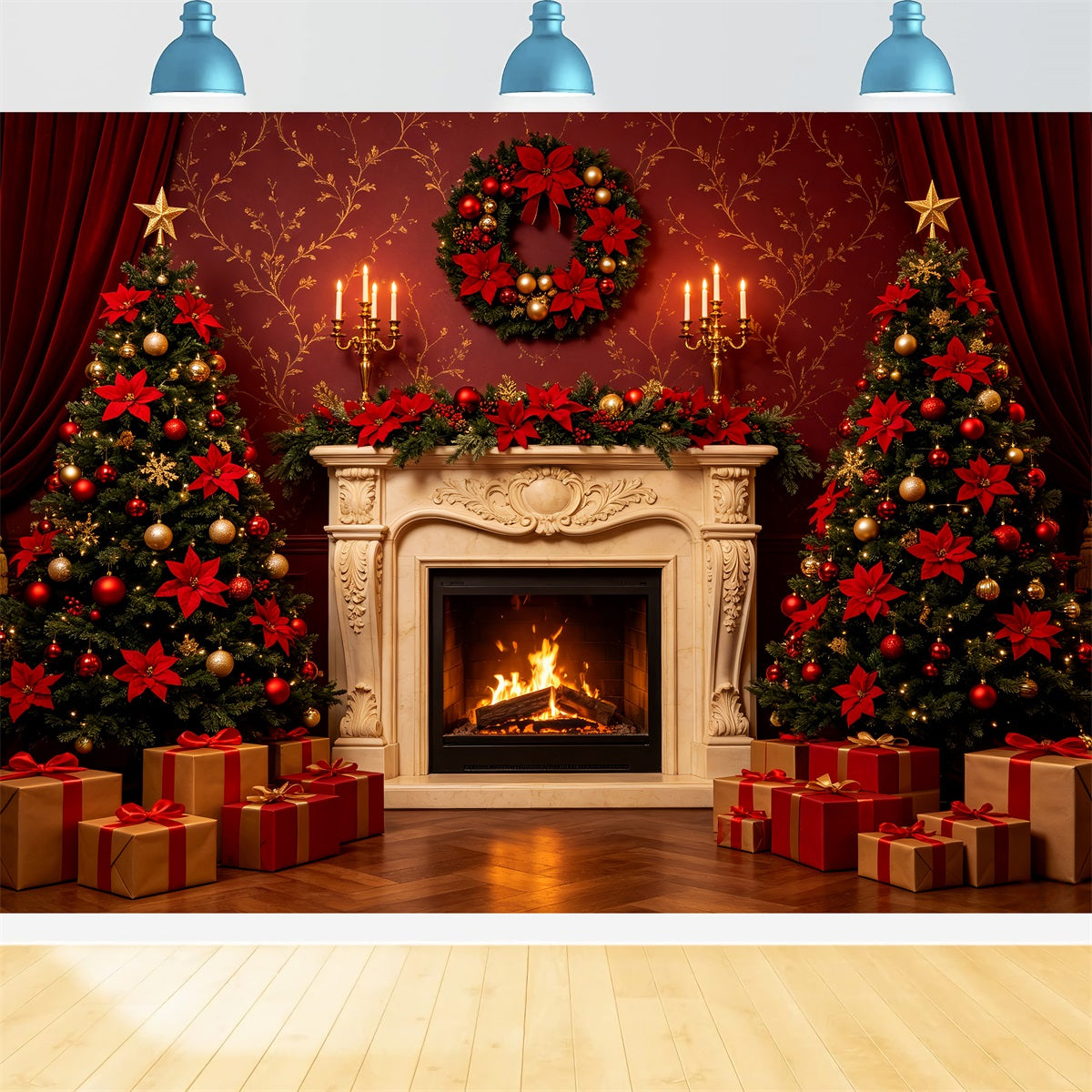 Weihnachtliche Bühnenhintergründe Eleganter Kamin Mit Rotem Vorhang Weihnachtskulisse Für Partys CSH69-83