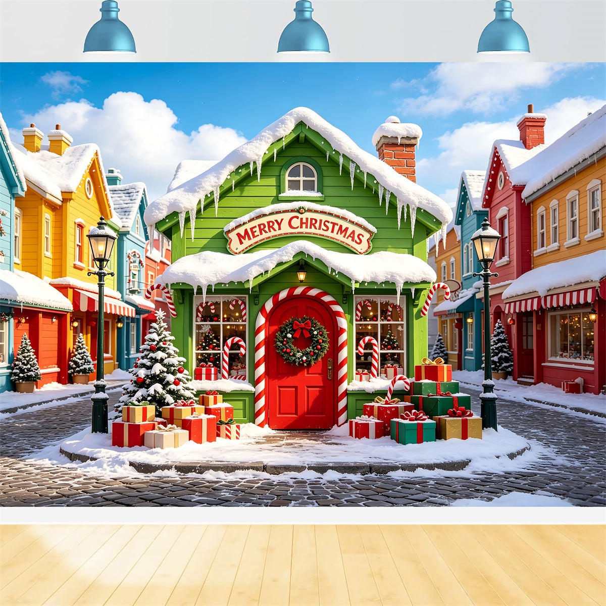 Weihnachtsdorf-Hintergründe Schneefarbenes Straßenhaus Weihnachtshintergrund CSH69-86