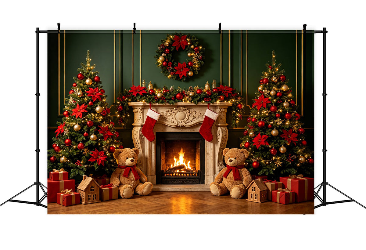 Weihnachtskamin-Hintergrund Kamindekoration Mit Teddybär Weihnachts-Porträt-Hintergrund CSH69-89