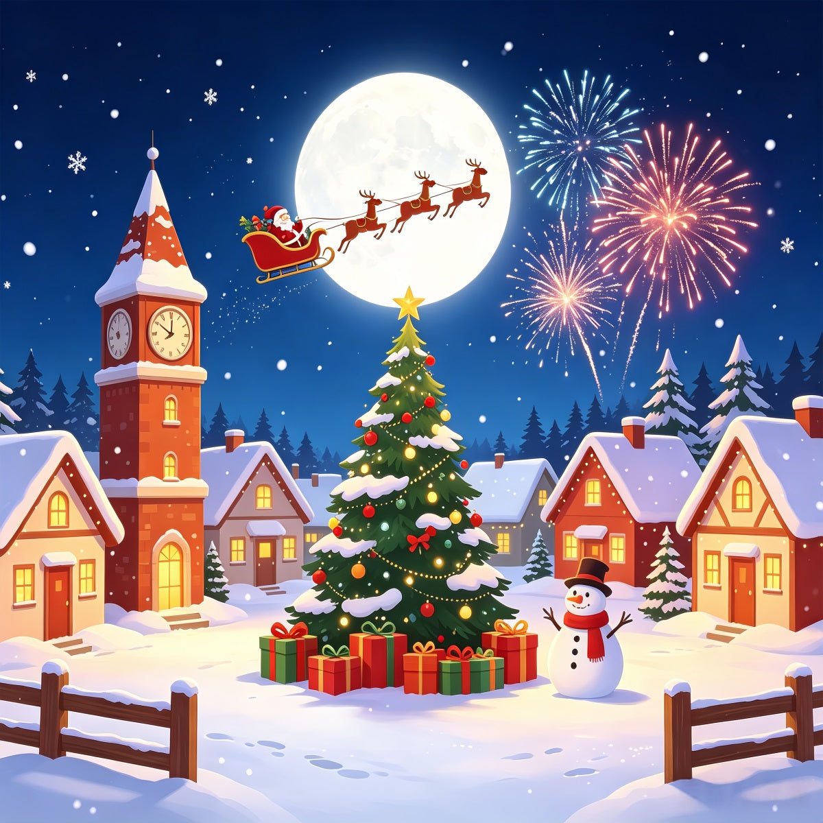 Kulisse Für Das Weihnachtsdorf Schneemond-Feuerwerk Weihnachtsbeleuchtung-Hintergrund CSH69-92
