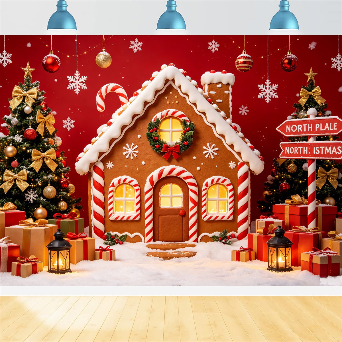 Fotohintergrund Nordpol Lebkuchenhaus-Geschenkdisplay Nordpol-Hintergrund CSH69-95