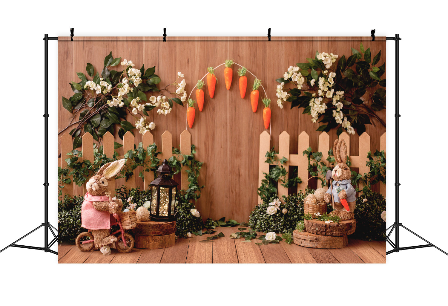 Vintage Holz Hase Blumen Ostern Hintergrund D1074