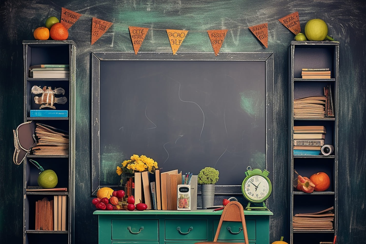 Uhr Früchte auf dem Schreibtisch Back to School Backdrop DBD7-50