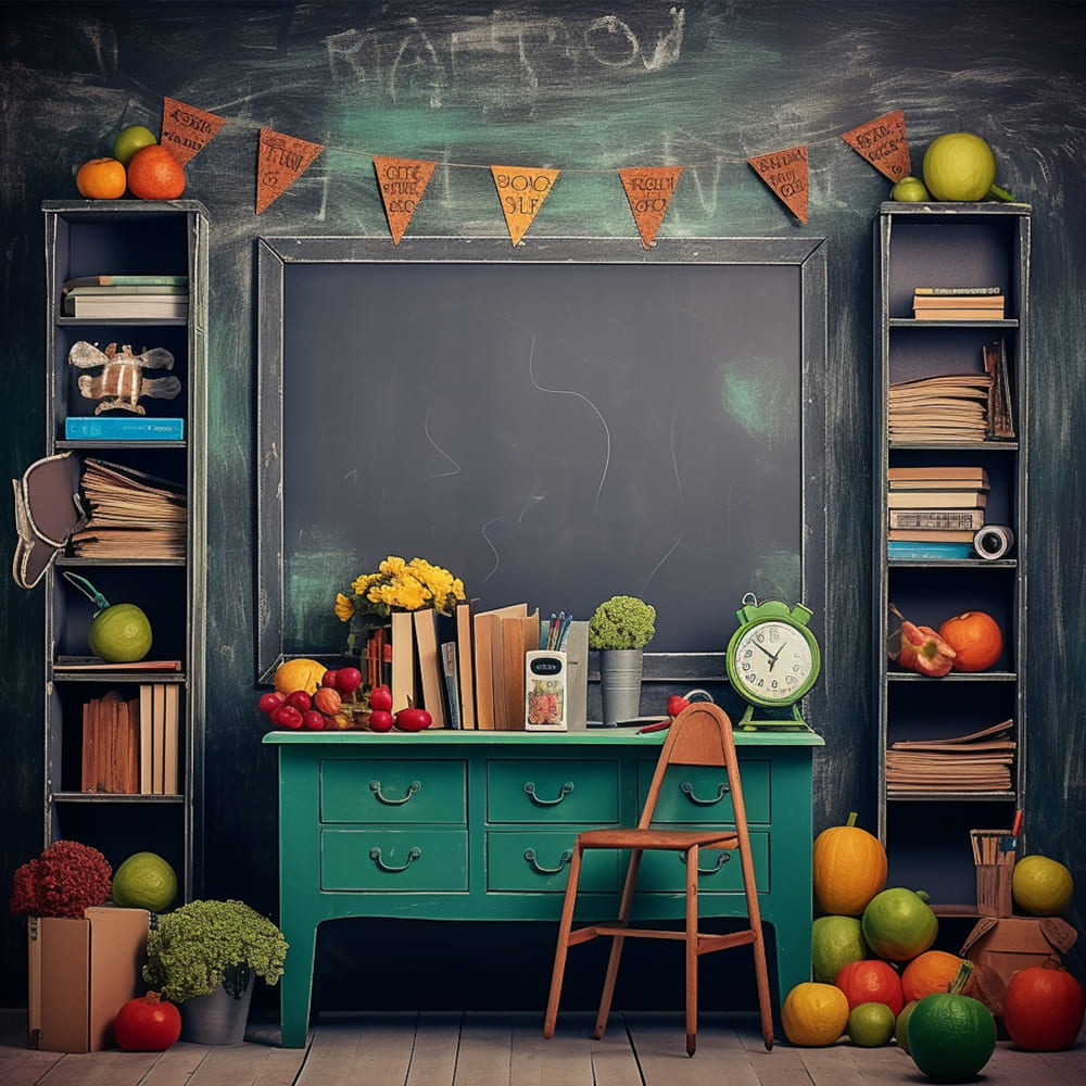Uhr Früchte auf dem Schreibtisch Back to School Backdrop DBD7-50