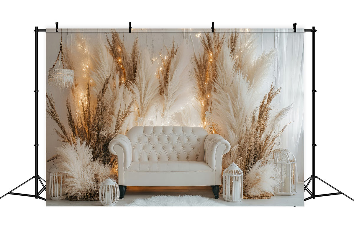 Boho Backdrops Weißes Sofa Pampas Lichter Hintergrund GQ2-79
