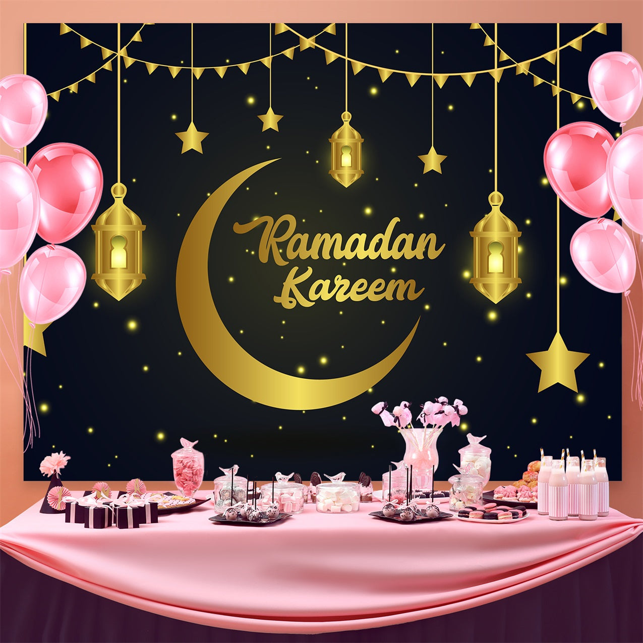 Ramadan Mubarak Backdrop Goldene Sterne Laternen Backdrop GQ3-16