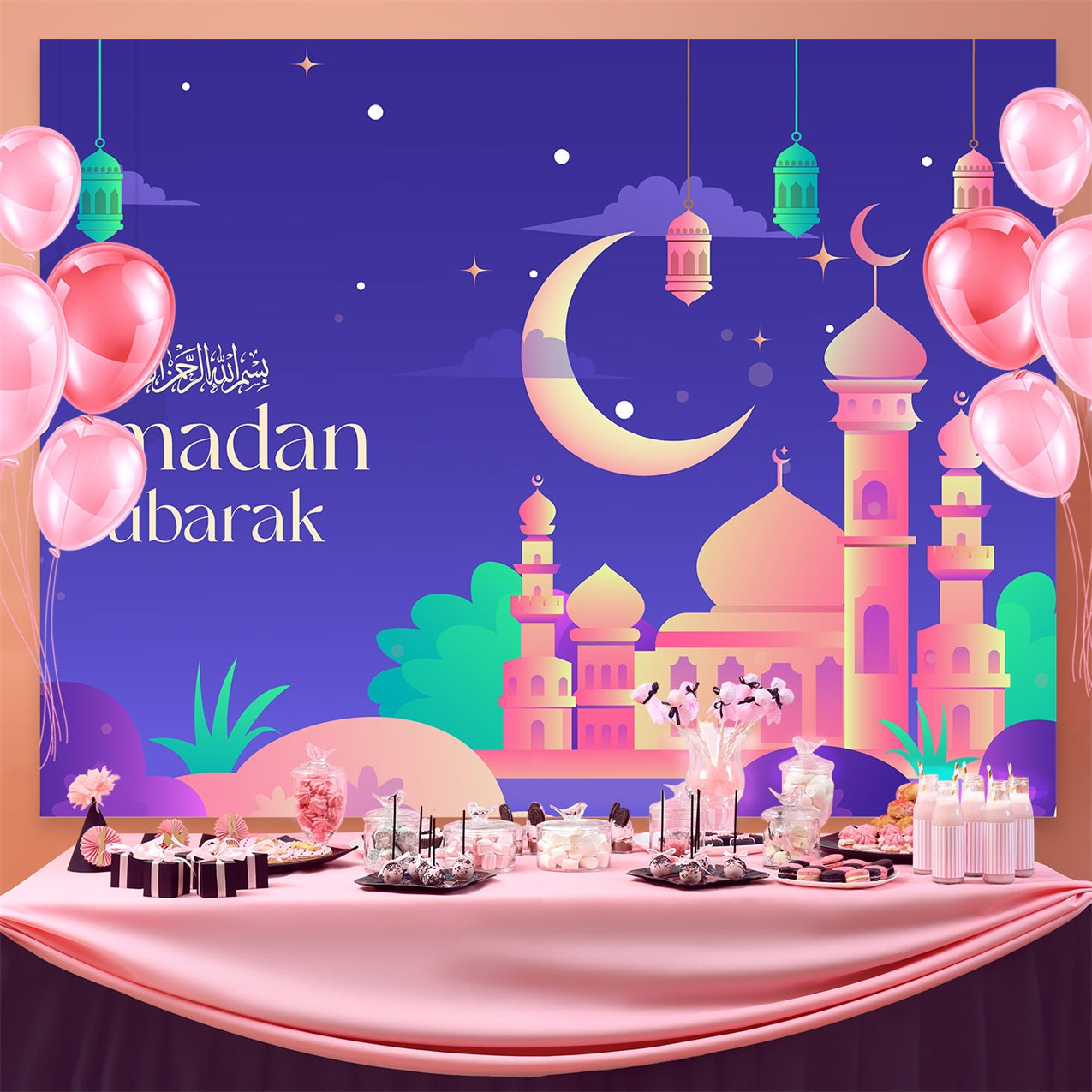 Ramadan Backdrops Bunte Dämmerung Moschee Feier Backdrop GQ3-18