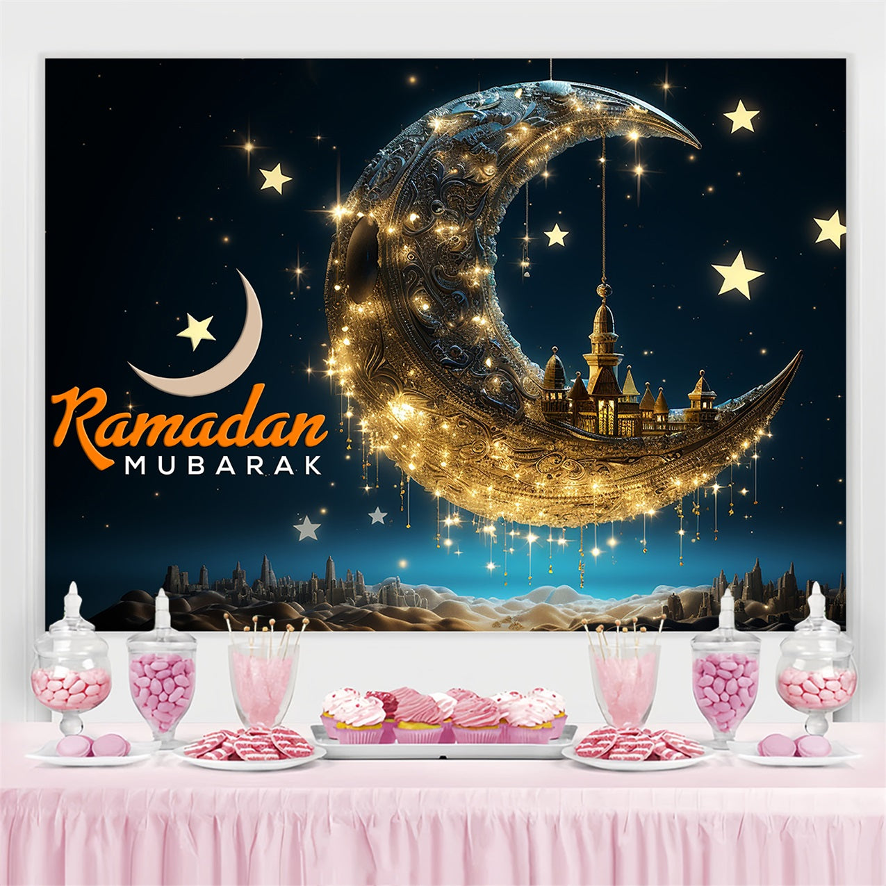 Ramadan Backdrops Goldene Mondsichel Schwimmende Moschee Hintergrund GQ3-19