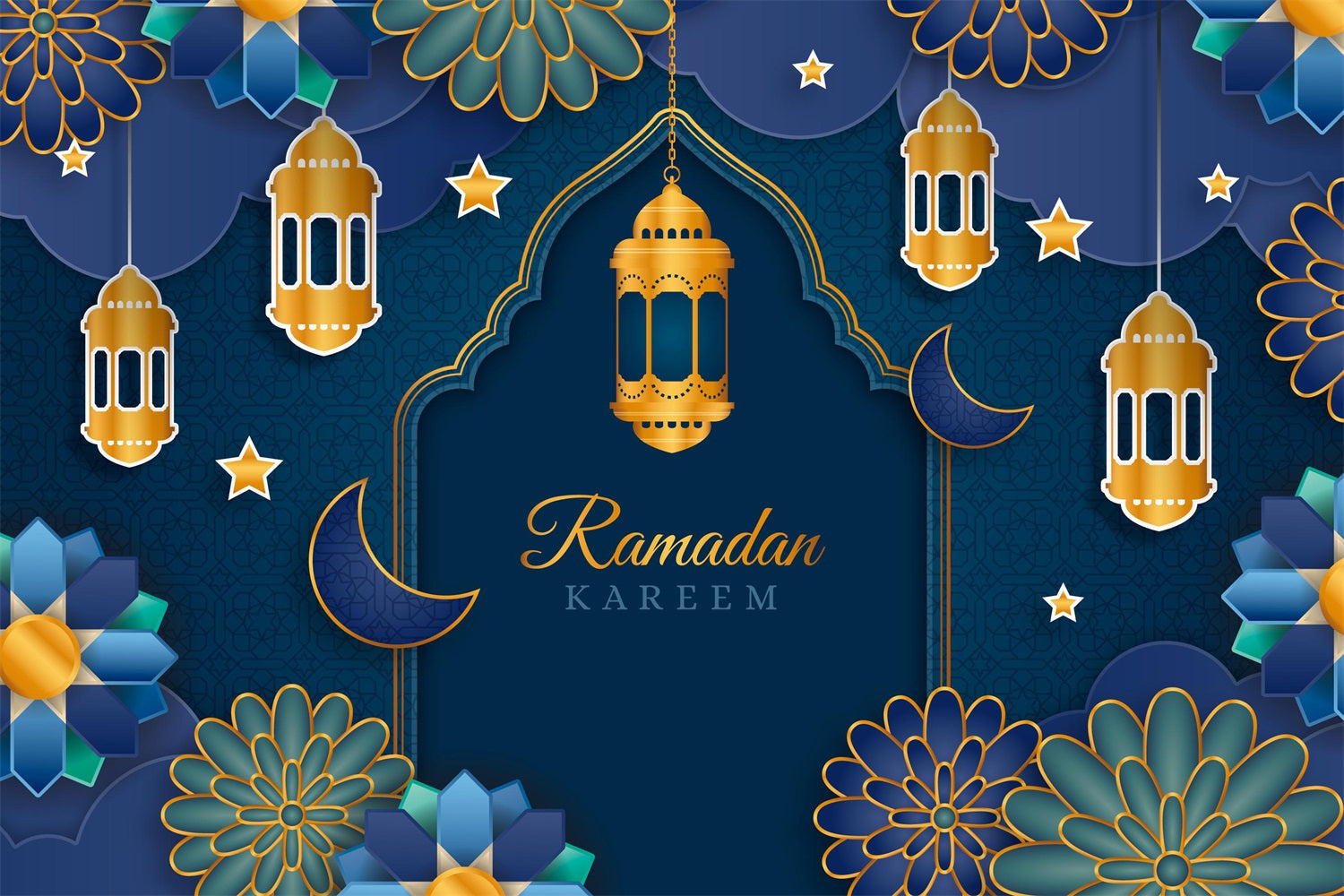Ramadan Mubarak Hintergrundkulisse Blau-Gold-Laternen Blumenbogen Hintergrundkulisse GQ3-2