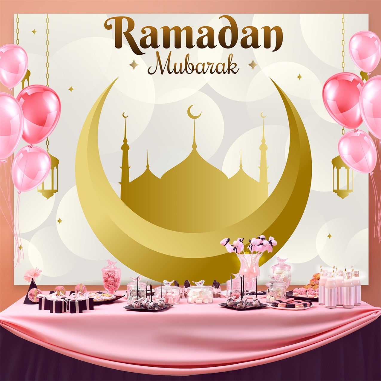 Ramadan Mubarak Backdrop Goldene Mondsichel Hängende Laternen Backdrop GQ3-24