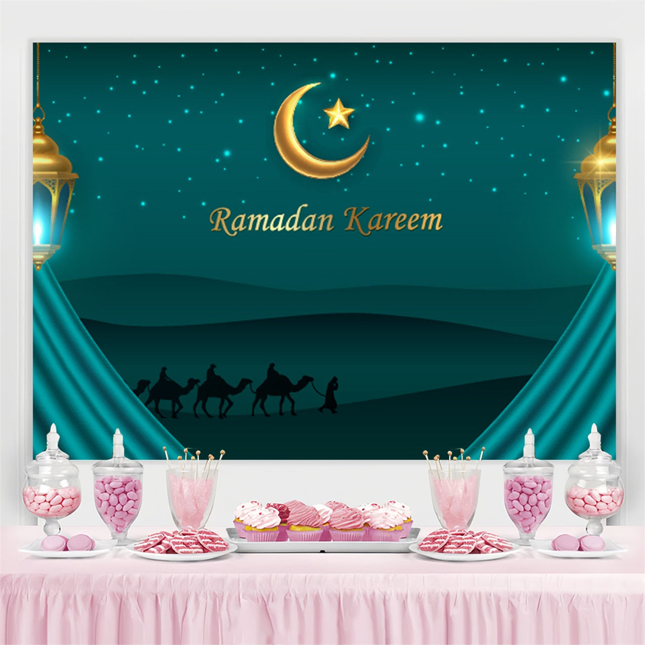 Ramadan Mubarak Backdrop Sternennacht Wüste Kamele Backdrop GQ3-36
