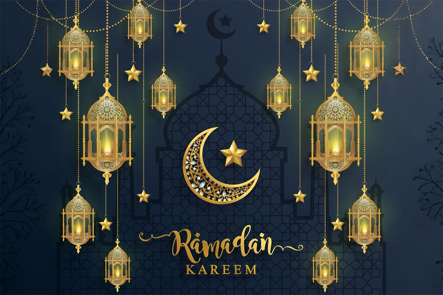 Ramadan Mubarak Backdrop Große Moschee Halbmond Laterne Backdrop GQ3-8