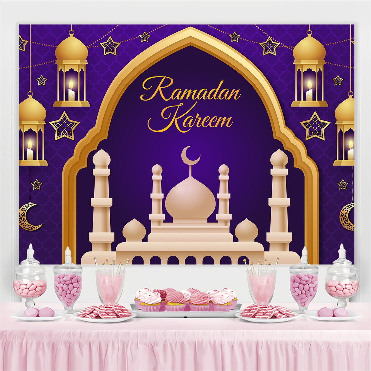 Ramadan Backdrops Königlich Lila Gold Laterne Bogen Backdrop GQ3-9