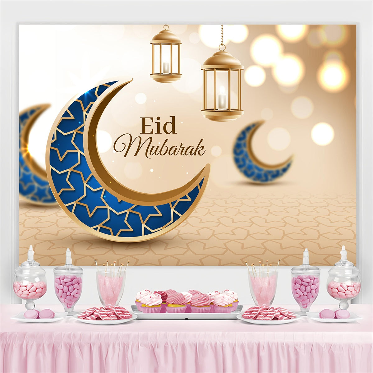 Eid Mubarak Backdrop Arabischer Stil Blau Gold Halbmond Backdrop GQ3-98