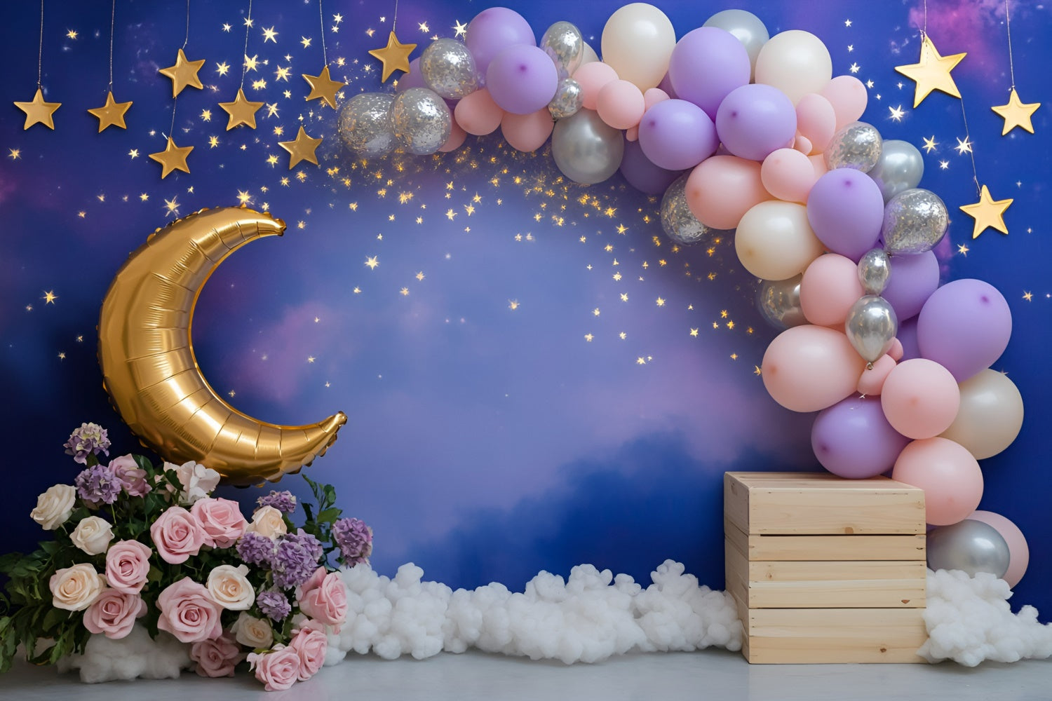 Mond und Sterne Backdrop Mondschein Ballon Träume Kinder Backdrop GQ5-158