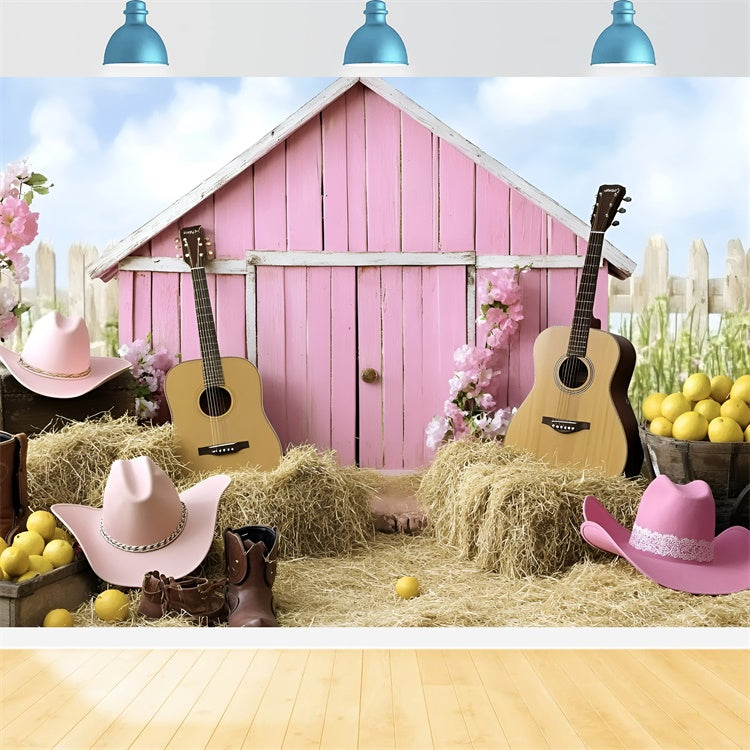 Cowgirl Backdrop Ideen Rosa Scheune Gitarre Western Kinder Backdrop GQ5-180