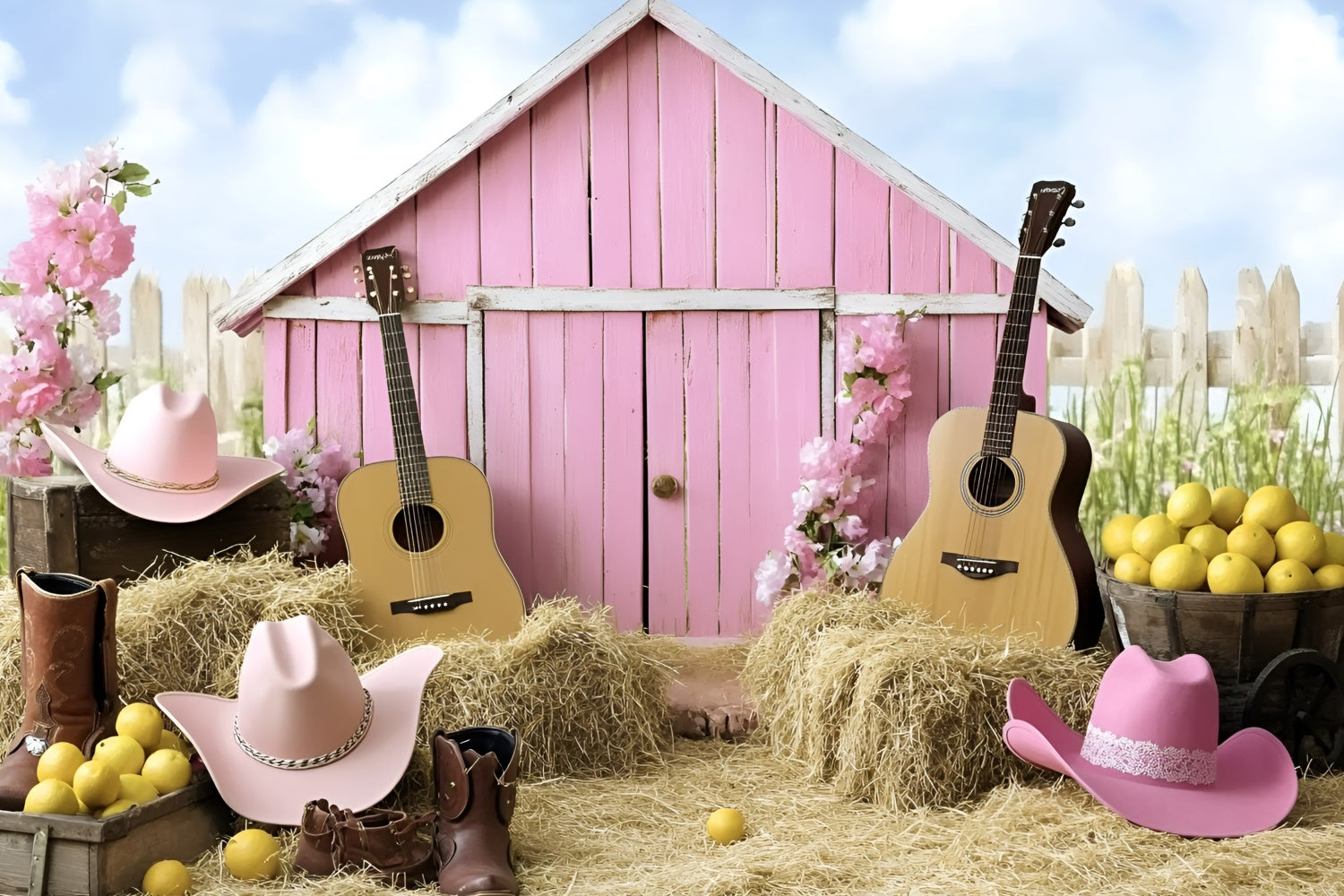 Cowgirl Backdrop Ideen Rosa Scheune Gitarre Western Kinder Backdrop GQ5-180