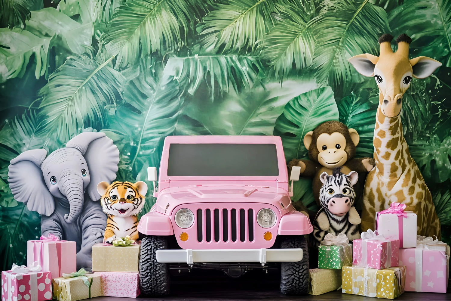 Kinder Backdrops Dschungel Safari Rosa Jeep Hintergrund GQ5-206
