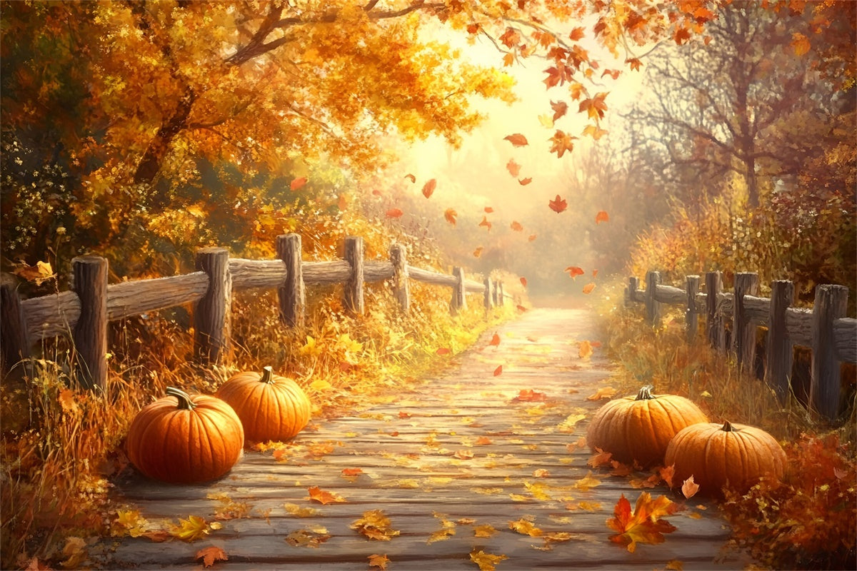Fall Leaves Backdrop Rustic Fence Trail Forest Fotohintergrund GQ57-108