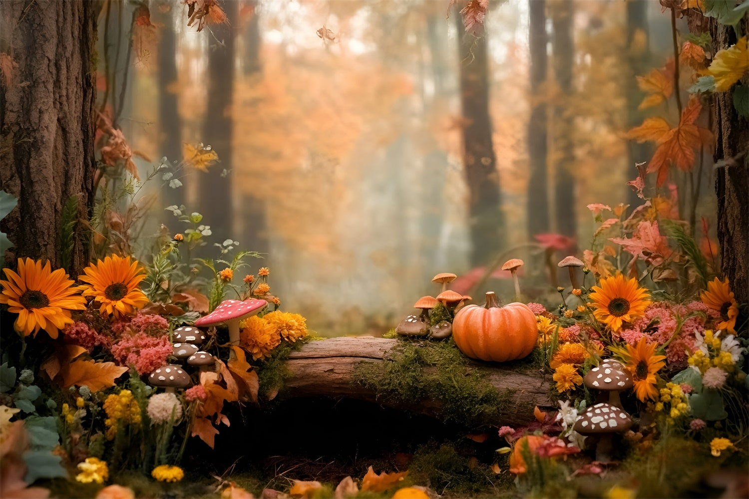 Herbst Wald Backdrop Wald Märchenland Kürbis Fotohintergrund GQ57-109