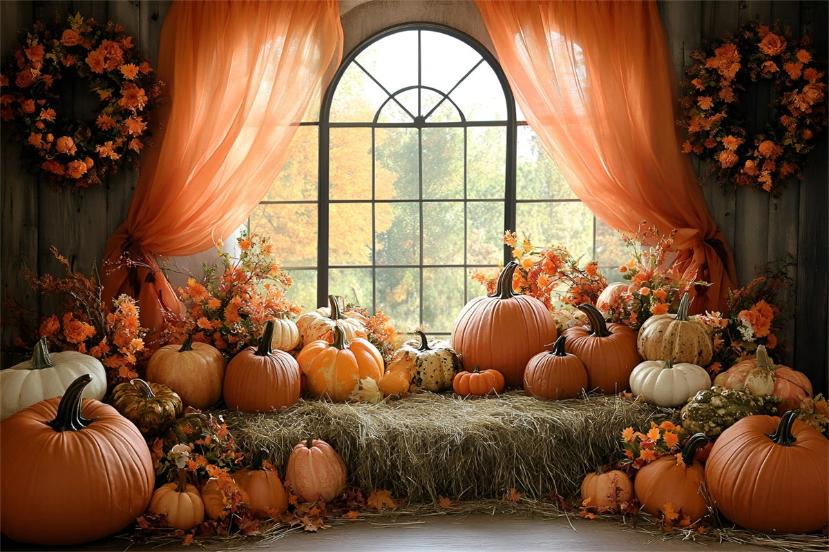 Herbst Fotokulisse Kürbis Fenster Ernte Fotohintergrund GQ57-110