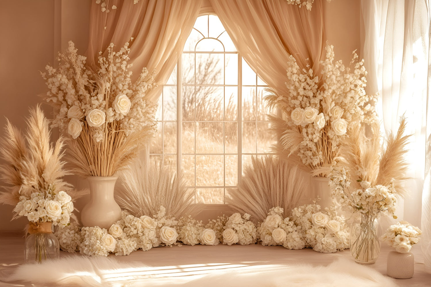 Boho Backdrops Creme Pampas Fenster Glühen Hintergrund GQ57-213