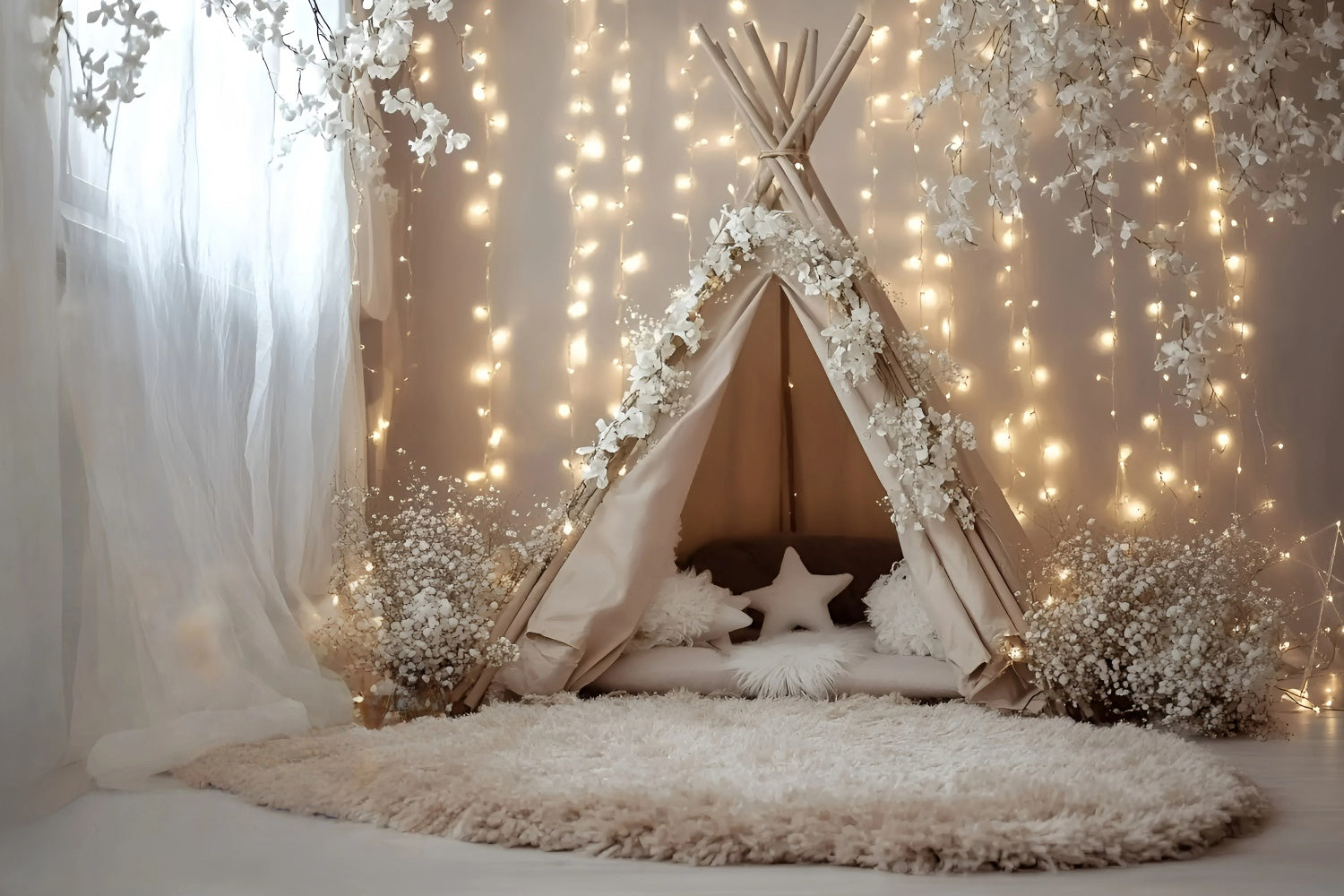 Bohemian Backdrop Fairylight Blossom Zelt Hintergrund GQ57-229