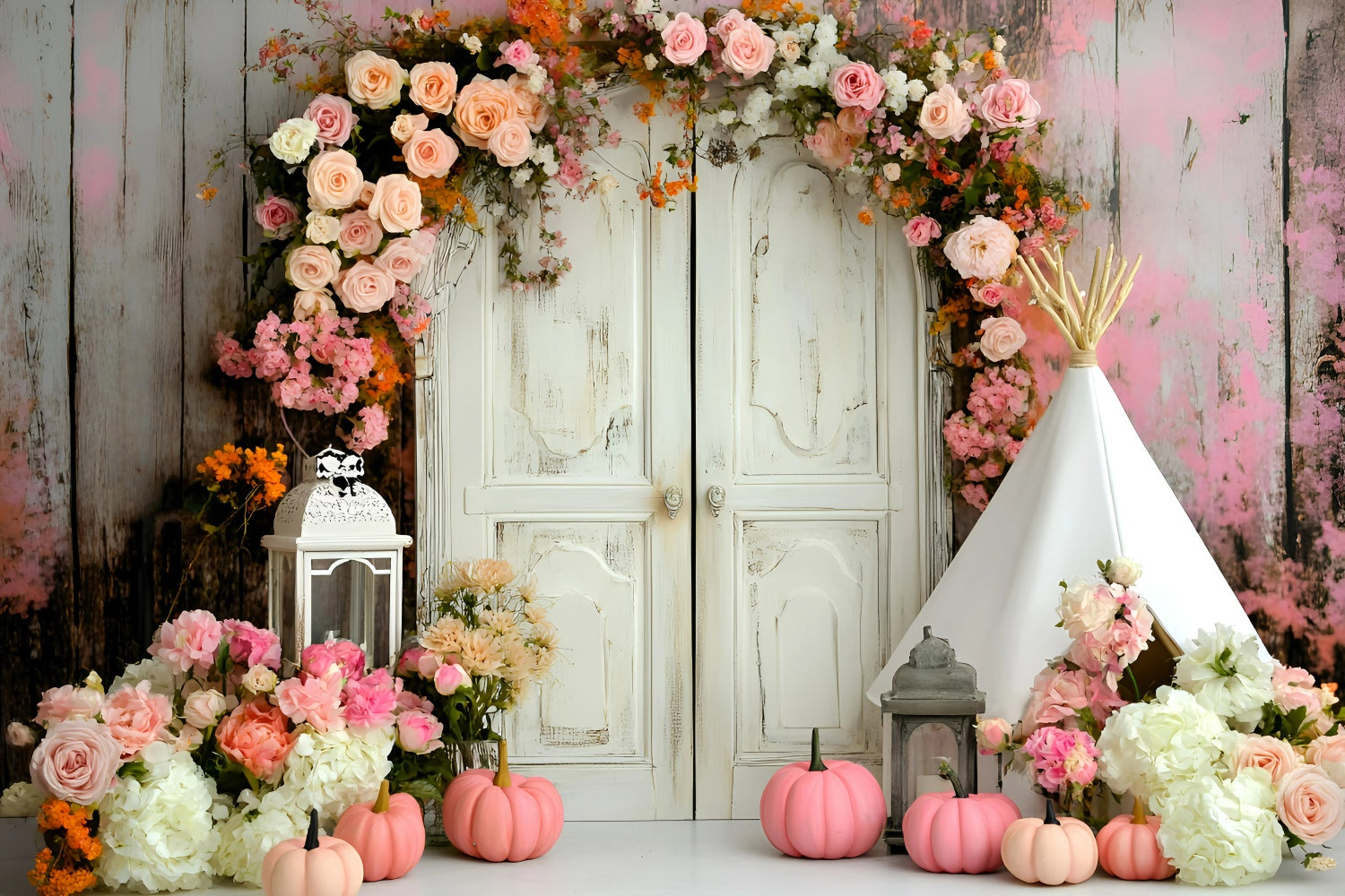 Bohemian Backdrop Süße Rose Kürbis Bogen Hintergrund GQ57-240