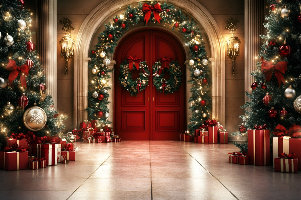 Professionelle Weihnachten Backdrops Rote Tür Girlande Glow Backdrop GQ57-43