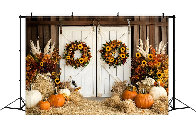 Scheunentür Fotohintergrund Kürbis Heu Kranz Herbst Backdrop GQ57-95