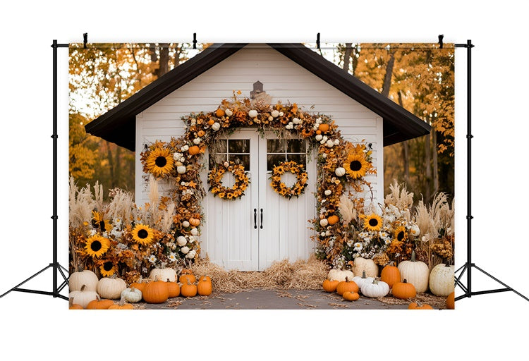 Herbst Fotohintergrund Erntedankhaus Sonnenblumen Hintergrundkulisse GQ57-96
