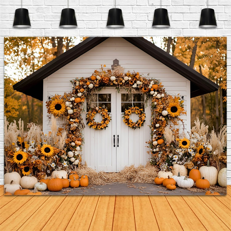 Herbst Fotohintergrund Erntedankhaus Sonnenblumen Hintergrundkulisse GQ57-96