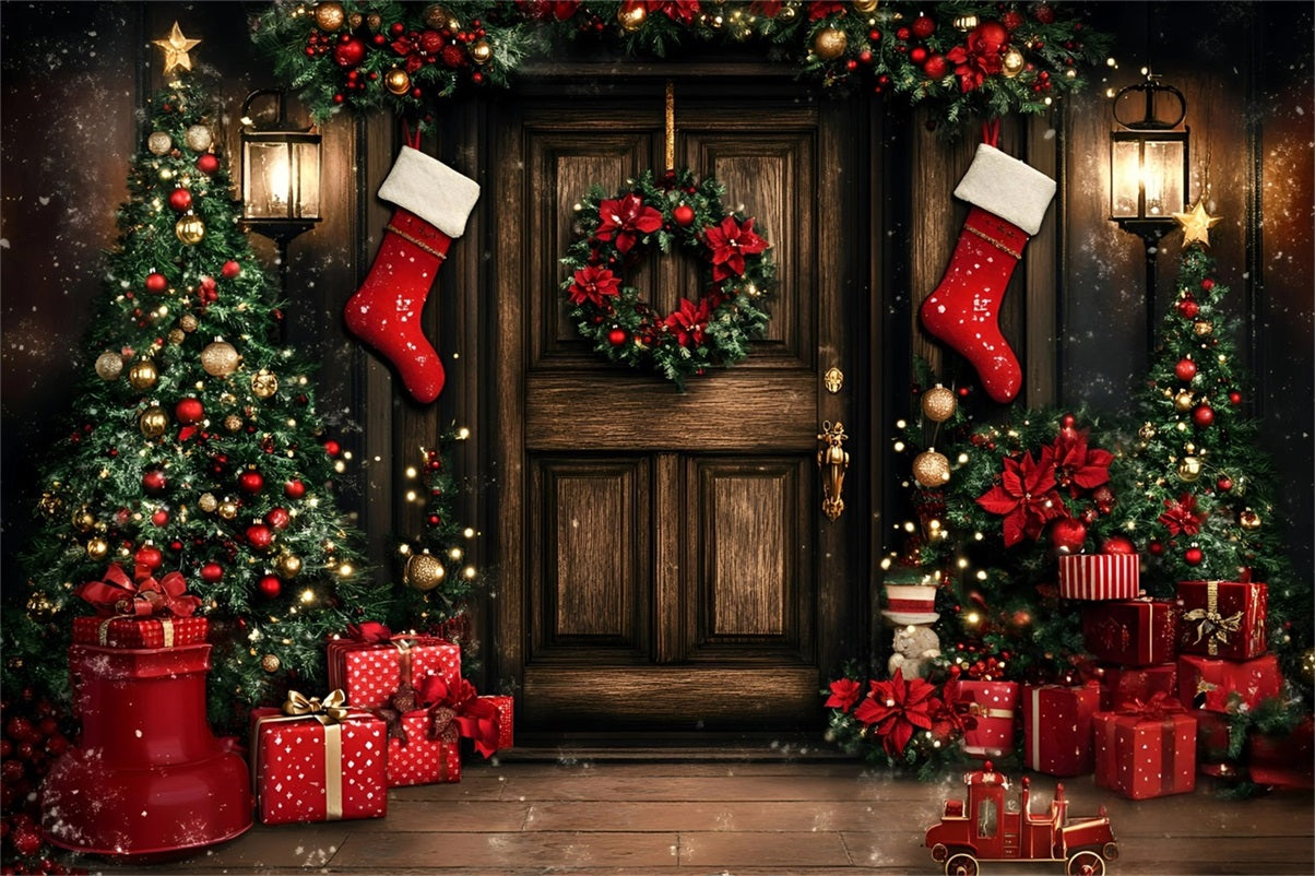 Weihnachten Studiohintergrund Verkauf Vintage Braun Holz Wand Geschenke Rot Weihnachten Backdrop GQ58-13