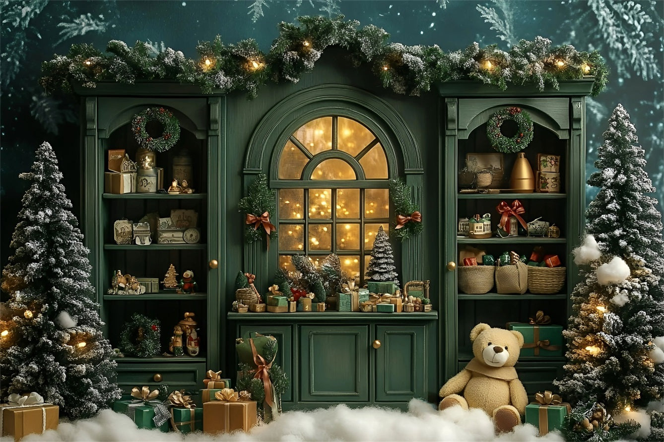 Weihnachten Studiohintergrund Verkauf Vintage Grünes Regal Niedlicher Teddy Weihnachten Fotokulisse GQ58-15