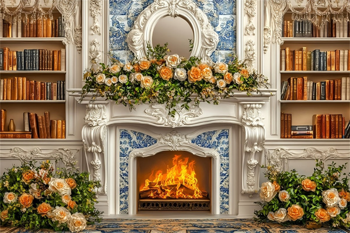 Weihnachten Kamin Fotohintergrund Romantisch Champagner Rose Bücherregal Wand Weihnachten Fotohintergrund für Fotos GQ58-18