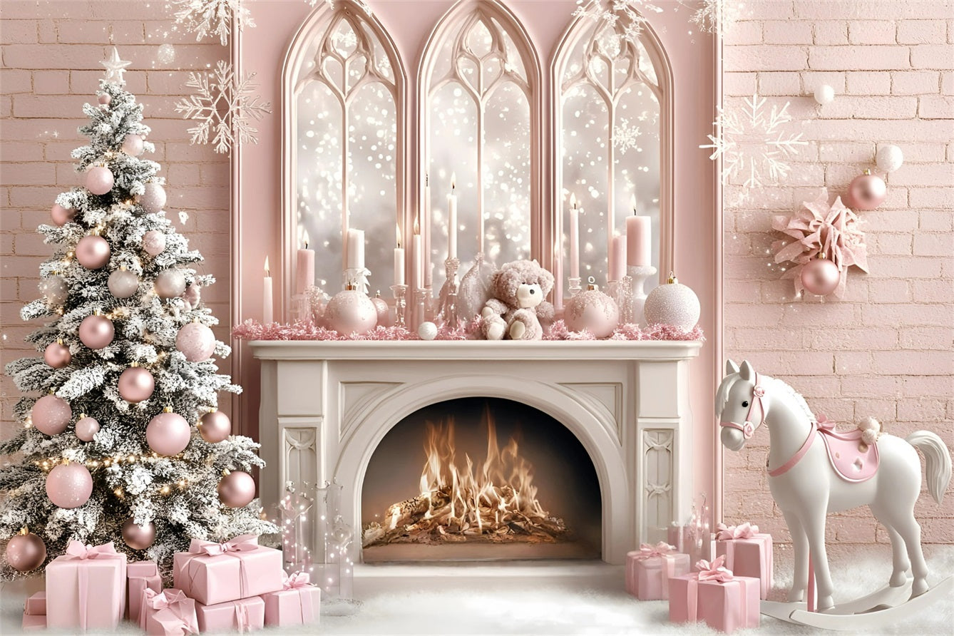 Weihnachten Kamin Kulisse Pferd Spielzeug Kindertraum Prinzessin Stil Rosa Weihnachten Fotohintergrund GQ58-20