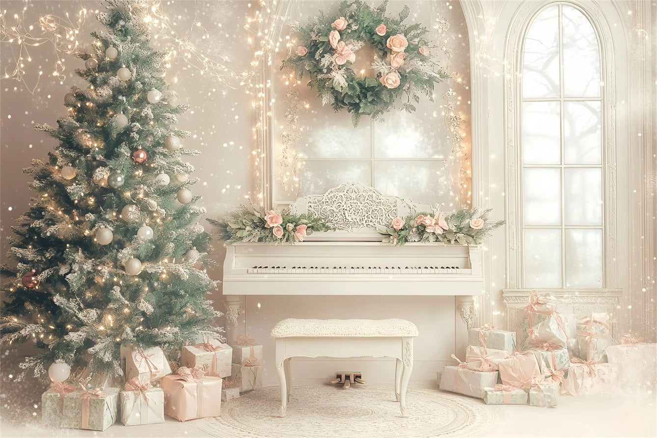 Hochauflösender WeihnachtsFotohintergrund Elegantes Klavierzimmer Urlaub Rosa WeihnachtsFotohintergrund GQ58-26