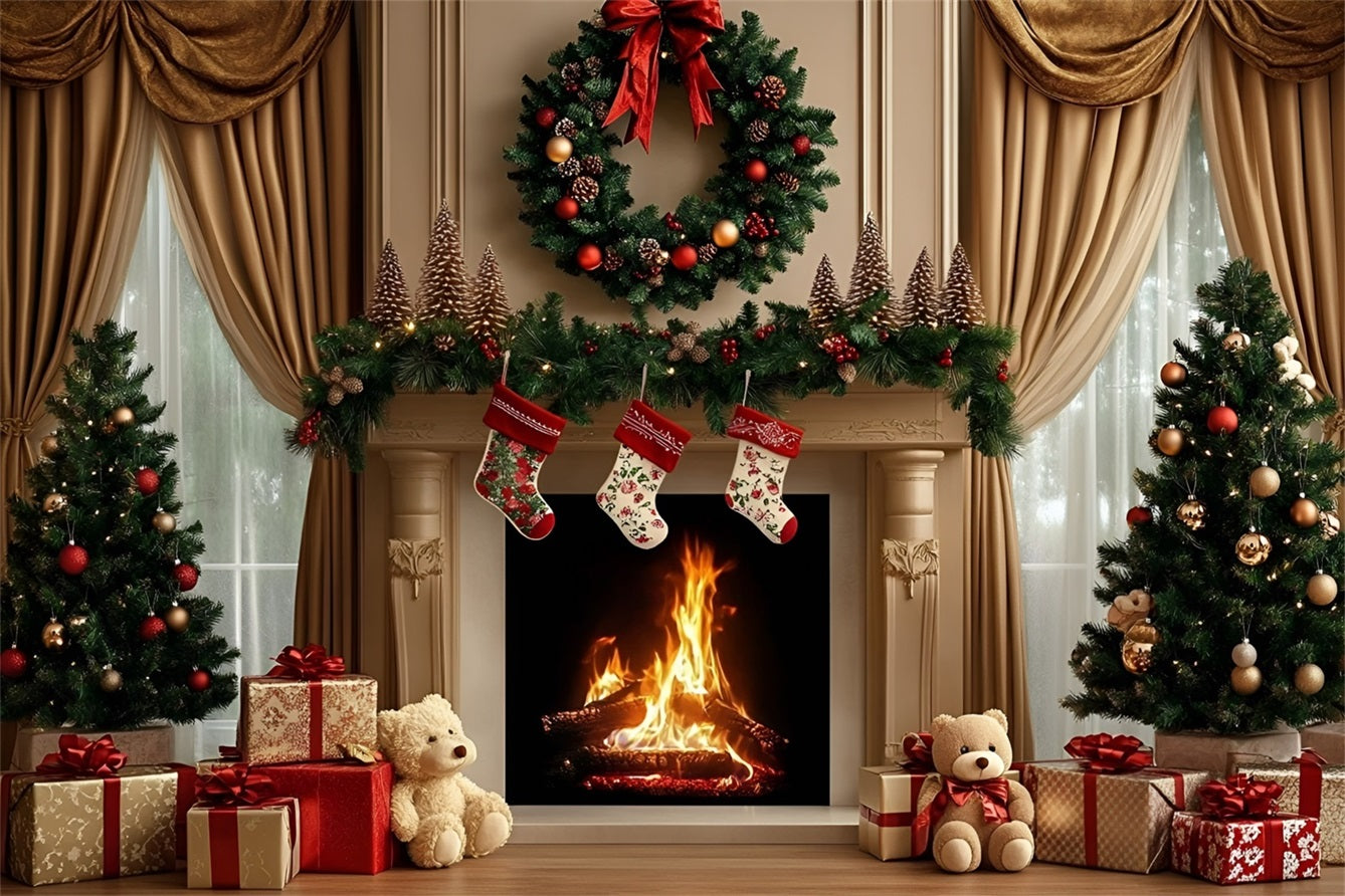 Hochauflösende Weihnachten Fotohintergrund Kamin Kranz Teddy Geschenk Display Weihnachten Fotohintergründe GQ58-29