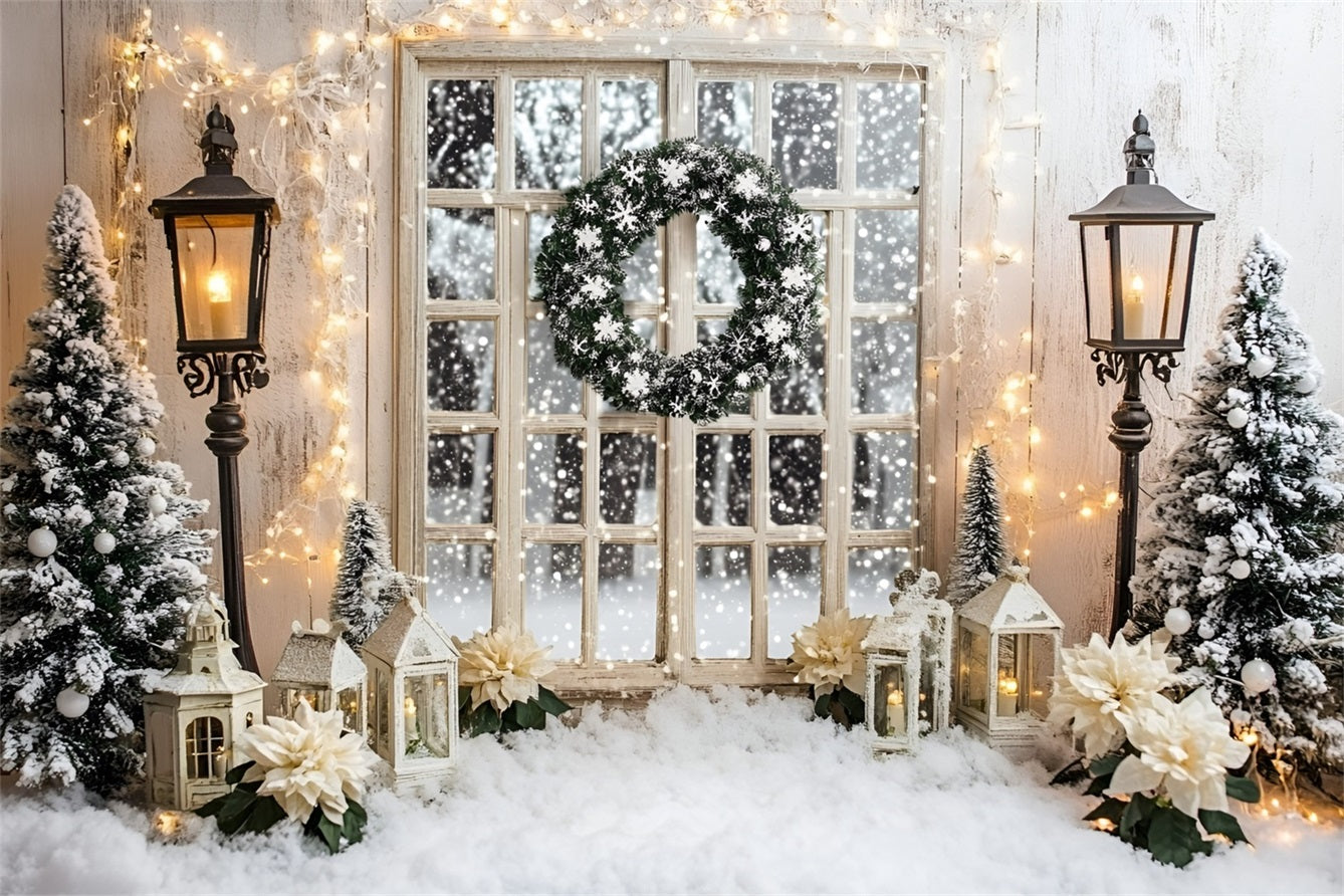 Holiday Studiohintergrund Verschneiter Fensterkranz Beleuchtetes Weißes Weihnachten Backdrop GQ58-3