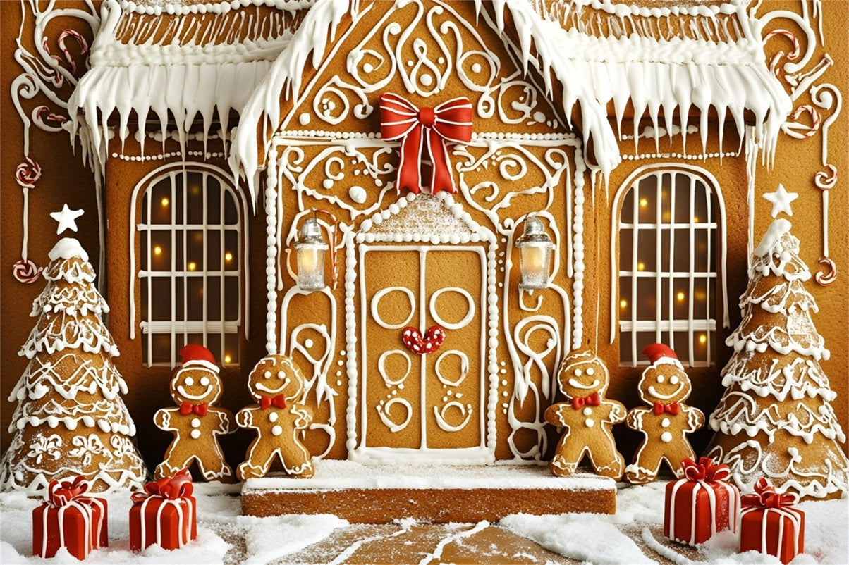 Lebkuchen Backdrop Iced Cookie Mansion mit Geschenke Weihnachten Studiohintergrund Verkauf GQ58-33