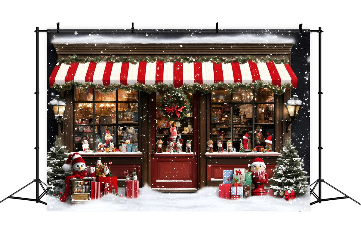 Holiday Photo Backdrop Gestreifte Markise Verschneites Spielzeuggeschäft Weihnachtsfotografie Studiohintergrund GQ58-38