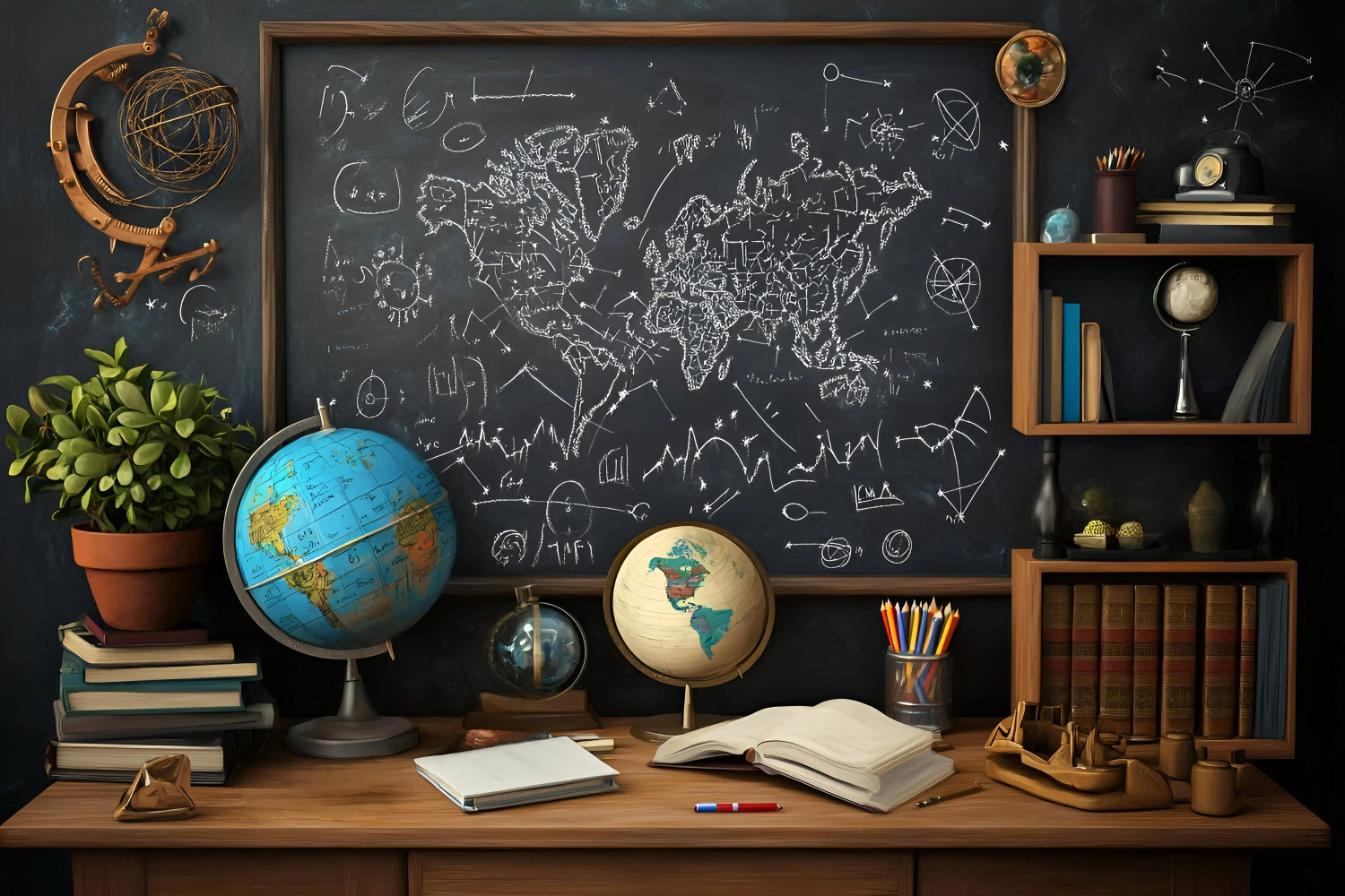 Kreidetafel-Hintergrund Weltkarte Gelehrter Wandhintergrund GQ6-162