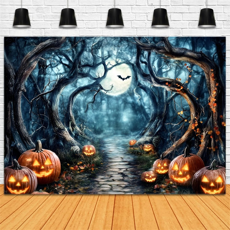Spooky Forest Hintergrund Mondschein Kürbis Pfad Halloween Hintergrund GQ6-182