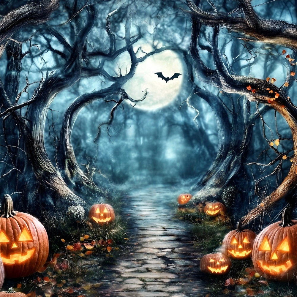 Spooky Forest Hintergrund Mondschein Kürbis Pfad Halloween Hintergrund GQ6-182