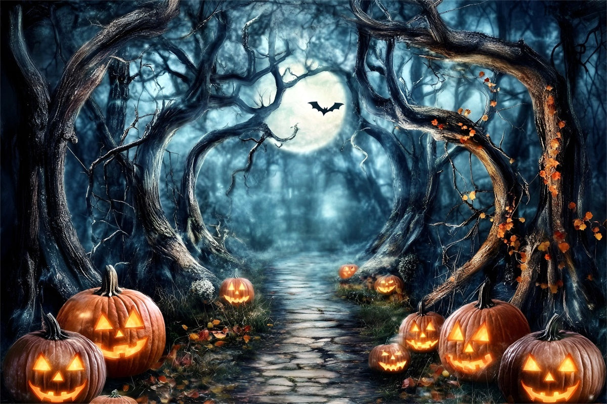 Spooky Forest Hintergrund Mondschein Kürbis Pfad Halloween Hintergrund GQ6-182